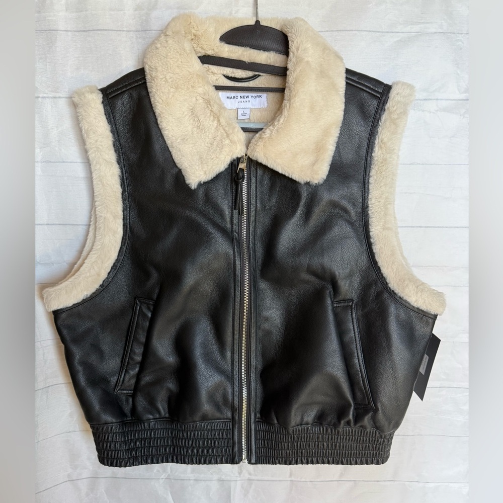 Marc New York Jeans Black Faux Fur Lined Leather Vest Womens L NEW WITH TAGS